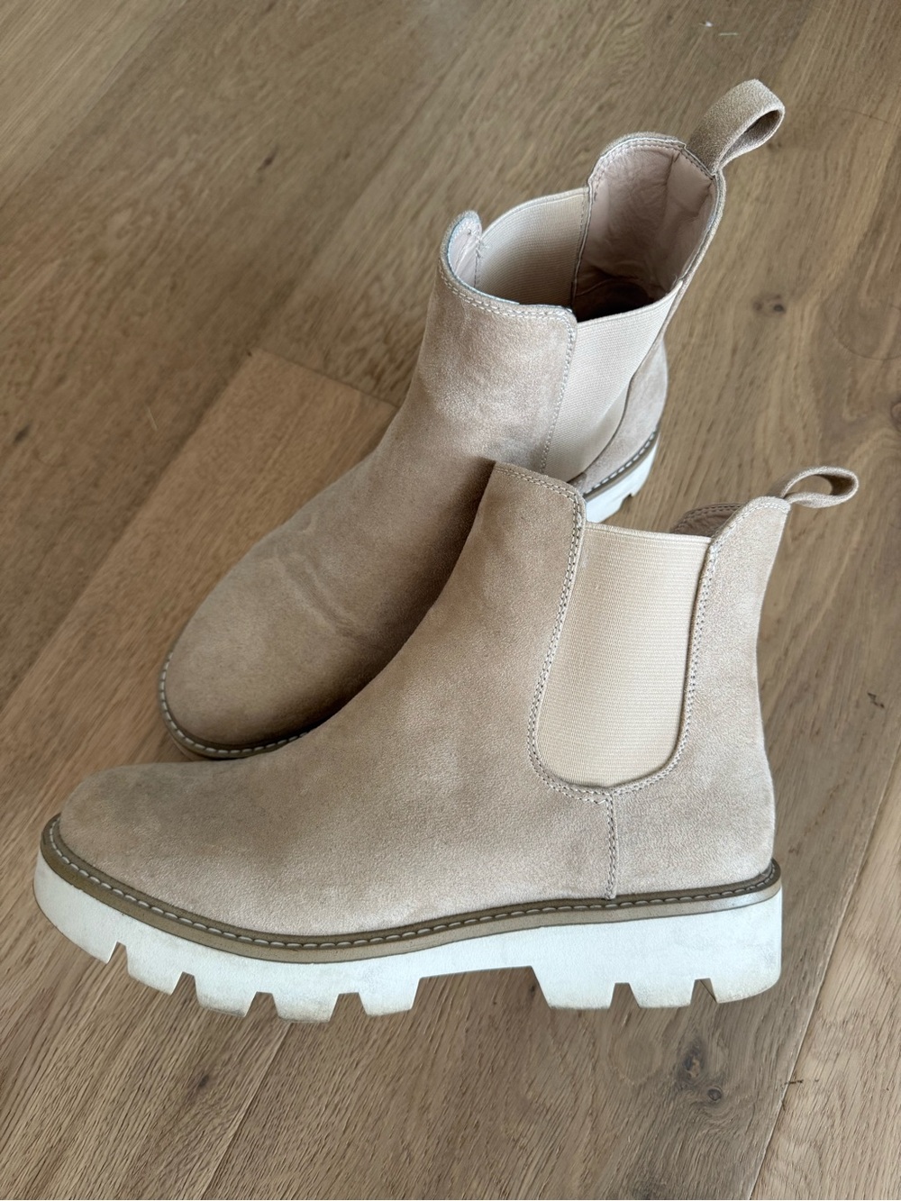 Chinese Laundry Taupe Suede Chelsea Booties with White Lug Sole